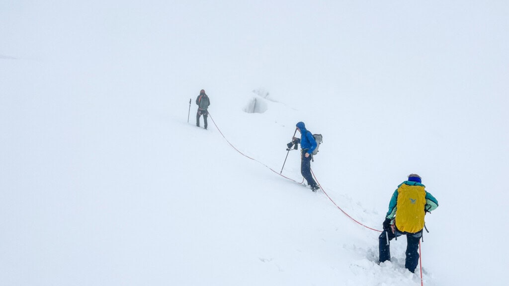 Rope team on the glacier on the spaghetti tour