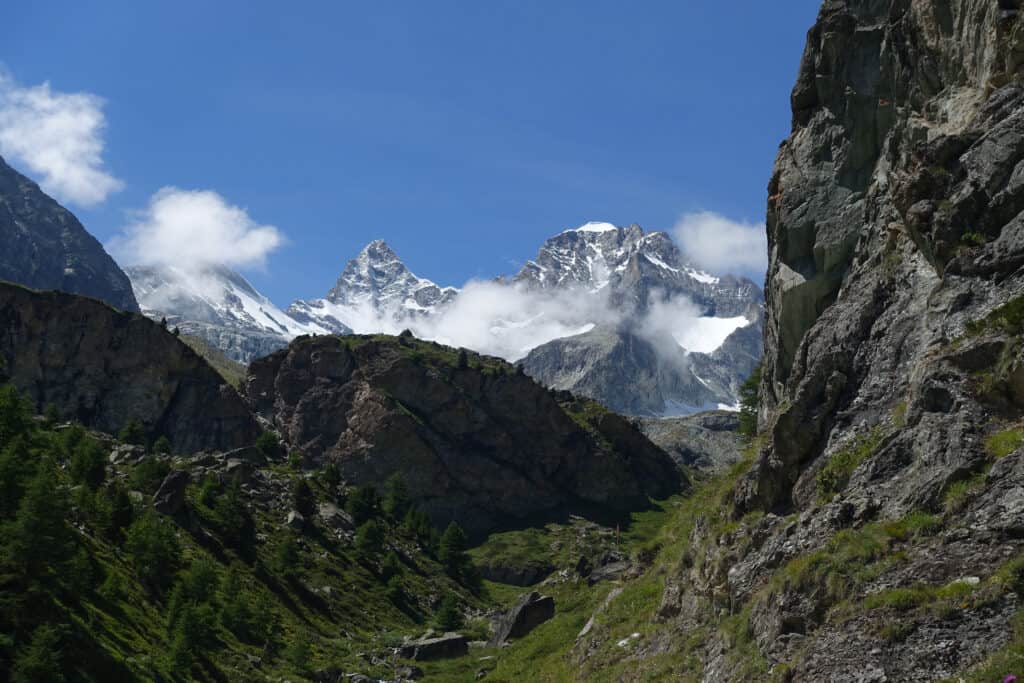 Blick vom Tal zum Obergabelhorn und Wellenkuppe